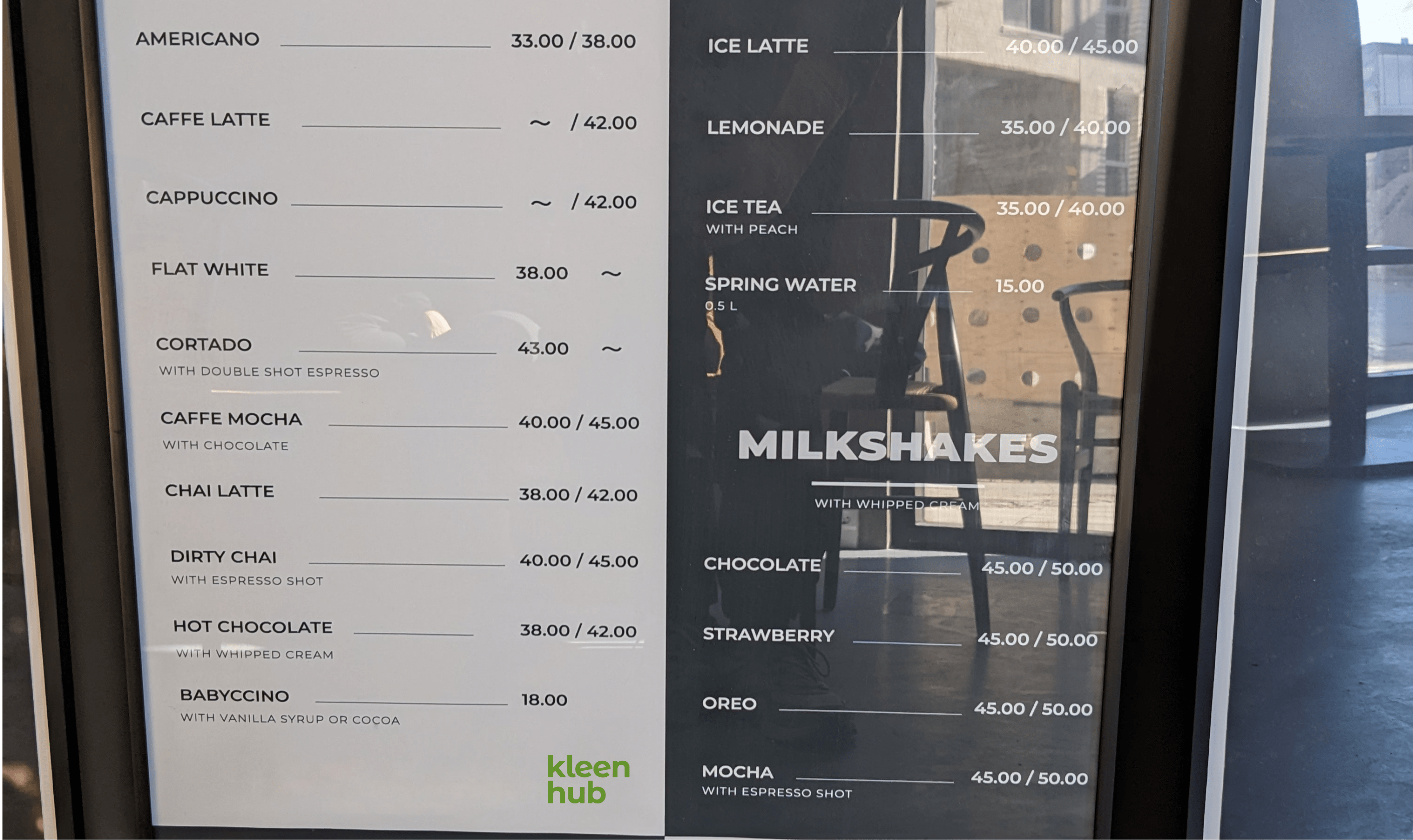 Café menu with Kleen hub logo