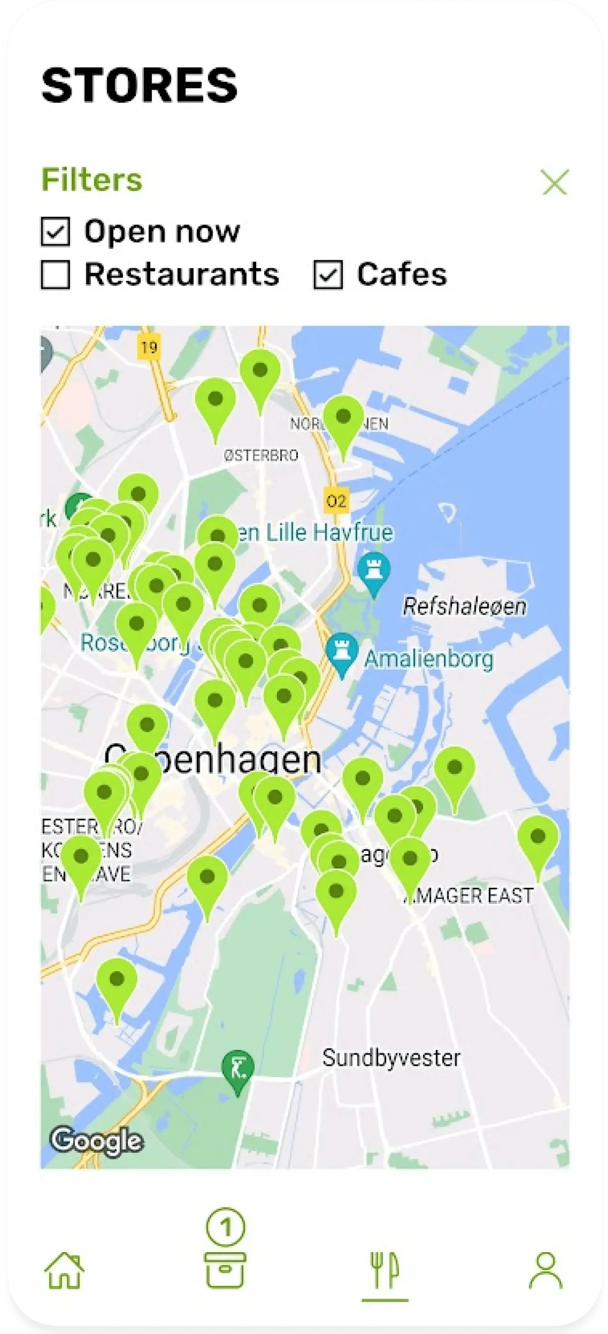 Map of Kleen hub affiliated cafés in the center of Copenhagen