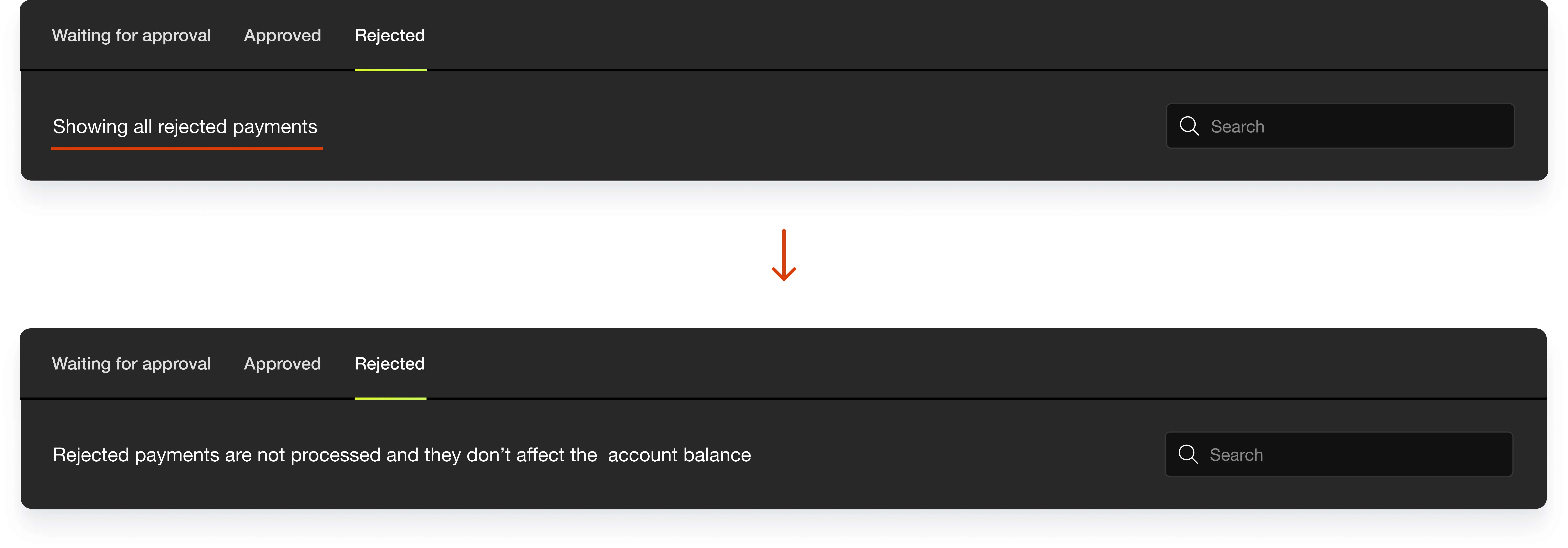 Rejected payments application tab